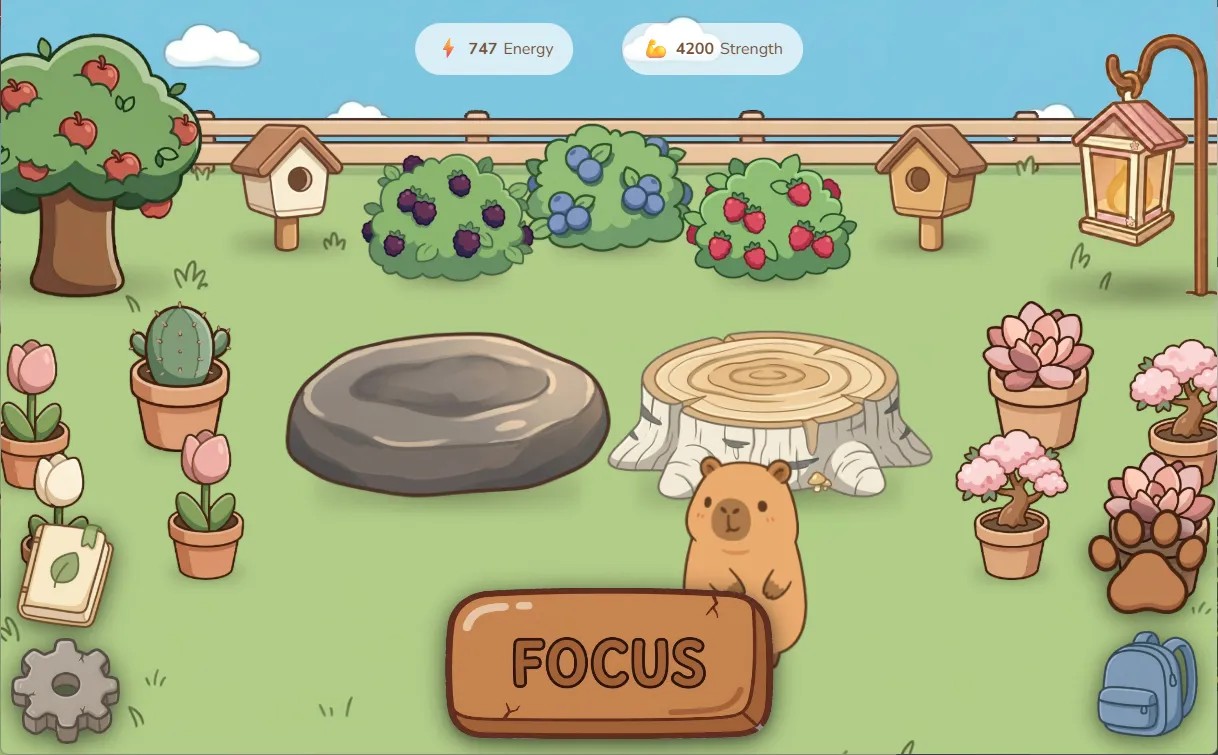 The same backyard filled with an apple tree, bushes, and new decorations after many completed focus sessions