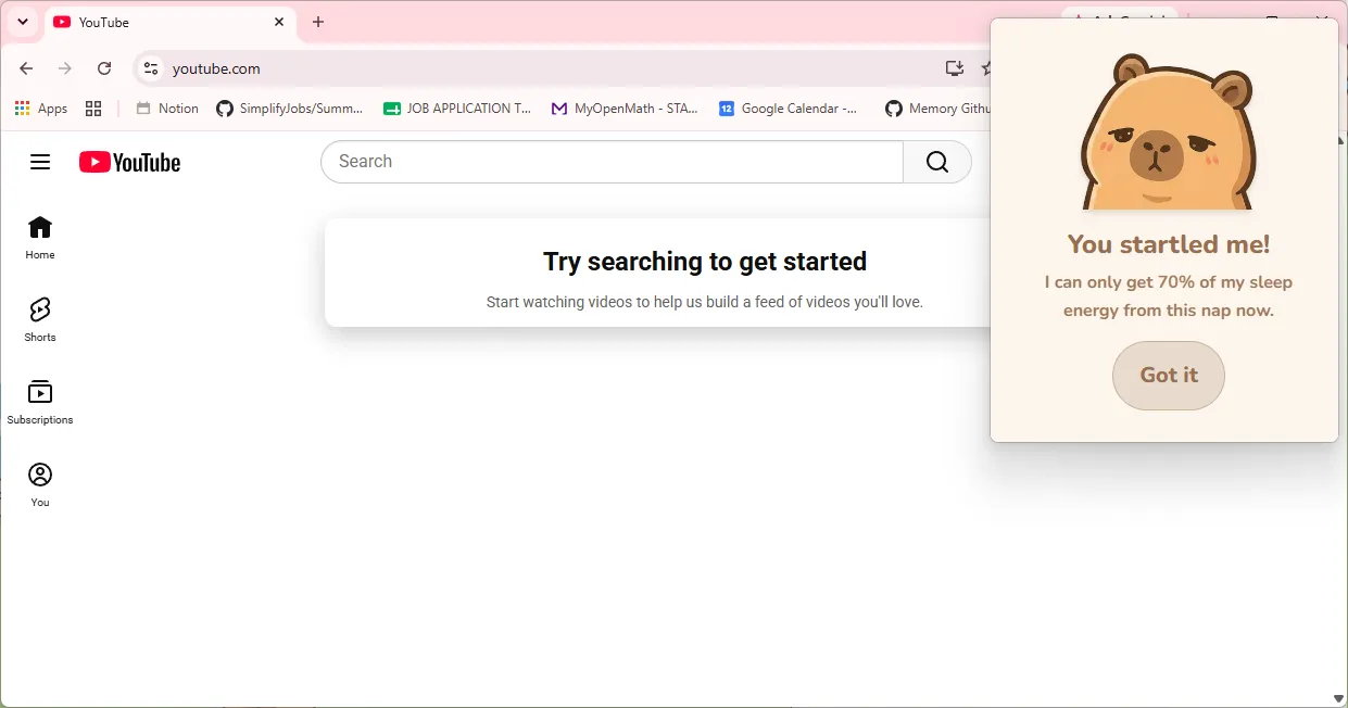 A browser notification showing the Focus Pet capybara startled after a distracting site was visited during a focus session