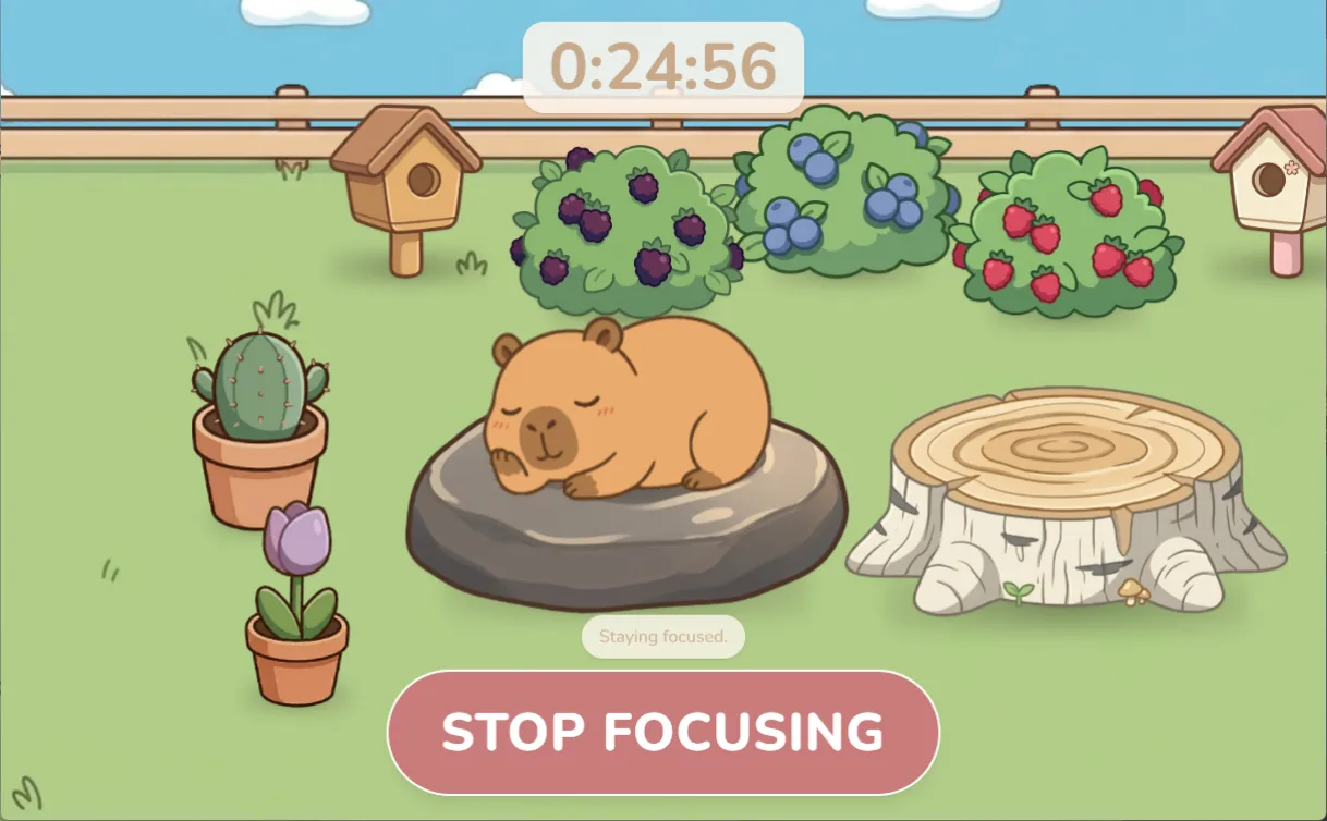 A focus session in progress, with the capybara peacefully sleeping on a rock in a decorated backyard