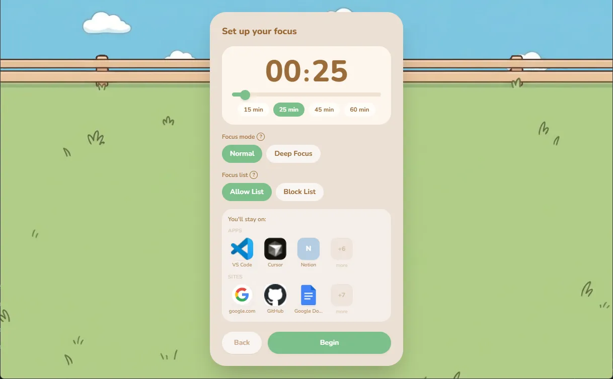 The focus setup screen, showing a 25 minute timer, focus mode, and an allow list of apps and sites