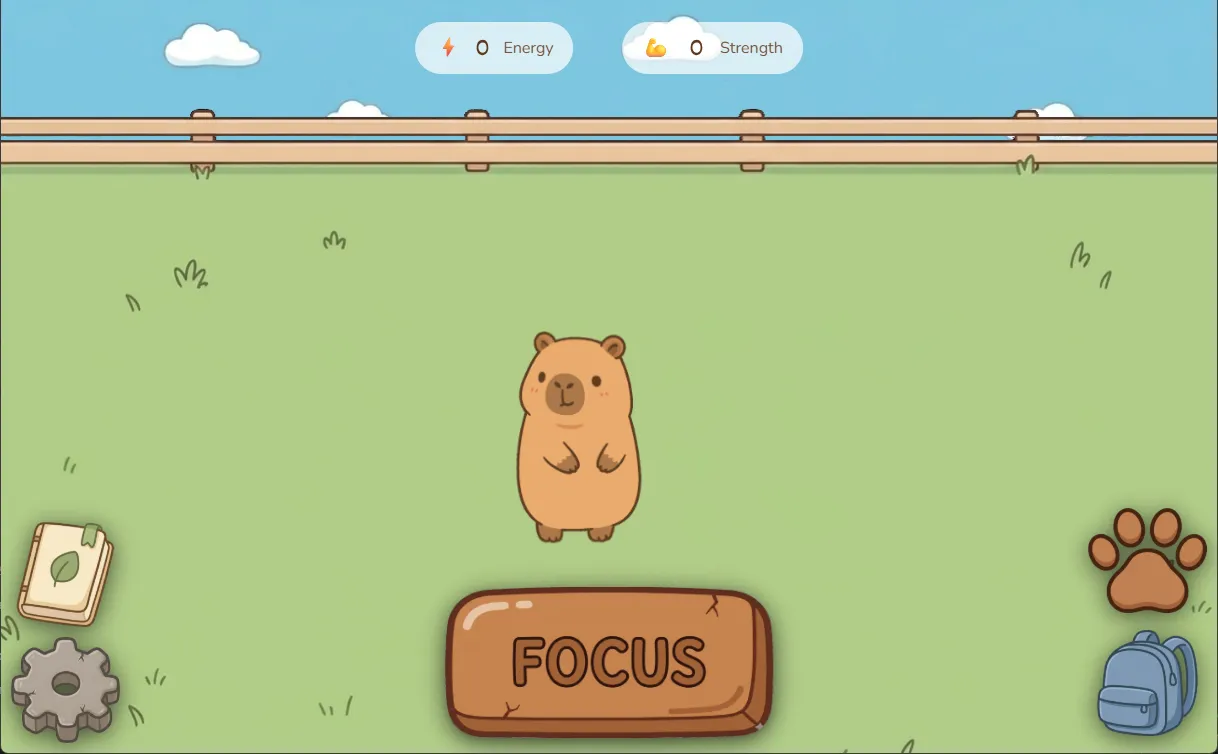 The Focus Pet app open on the backyard screen, with the capybara pet standing next to the Focus button