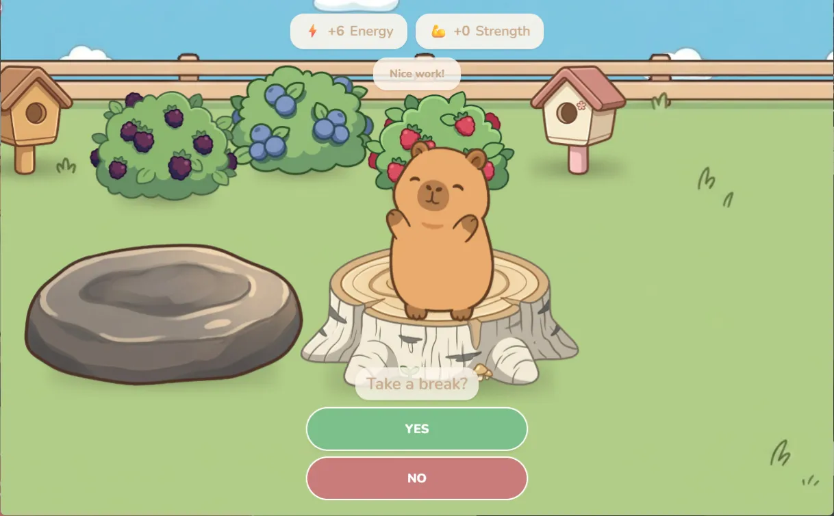 A completed focus session screen, showing +5 Energy earned and the pet celebrating